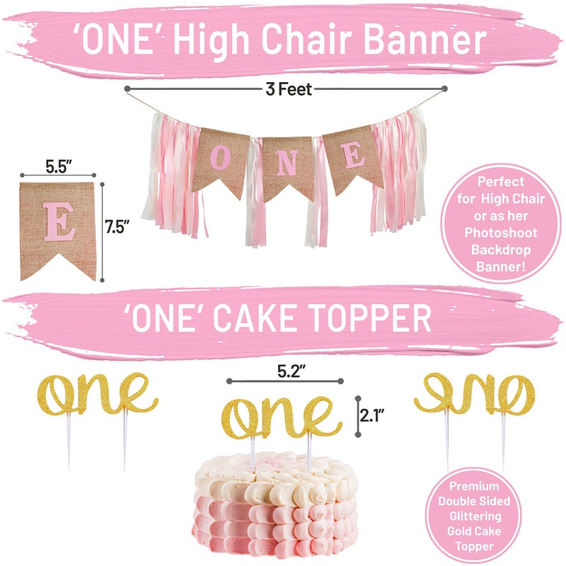 PartyHooman First Birthday Decorations for Girl | 1st Baby Girl Number 1 Balloon, Happy Birthday Banner, â€œOneâ€ Cake Topper, Star Garland, Marble Pink, Gold Confetti, Heart Balloons, Paper Tassels | PartyHooman - Image 4